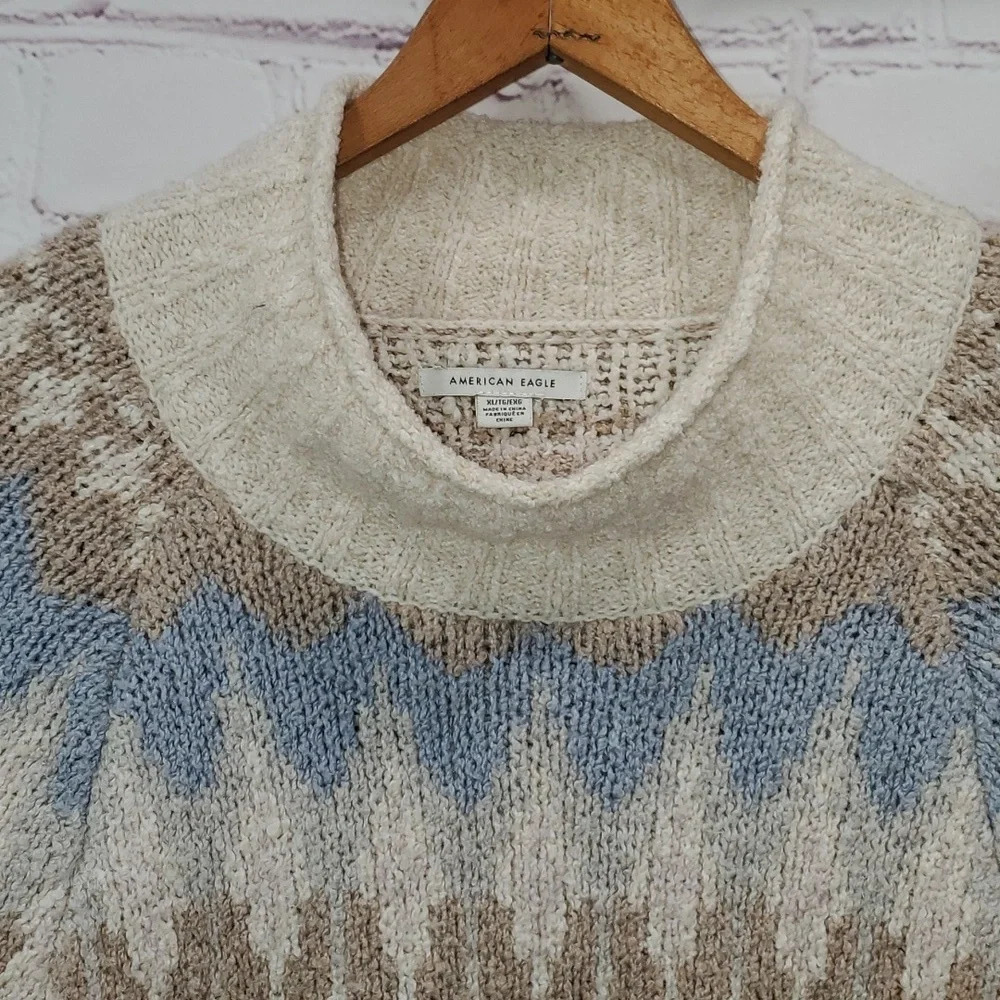 American Eagle Fairisle Cream Blue Mockneck Sweater Women's Size XLarge - Picture 4 of 11